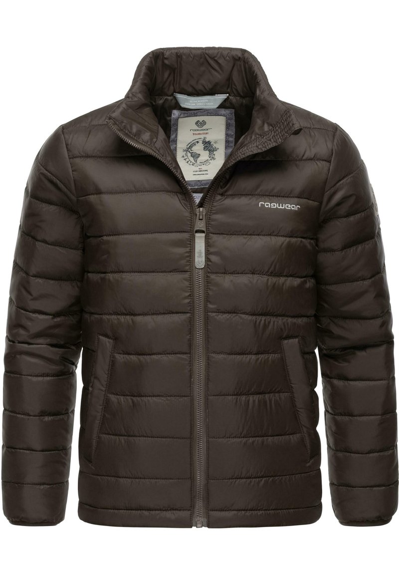 Giacca marrone trapuntata con colletto alto, zip frontale, tasche laterali e dettaglio con logo, realizzata in un materiale liscio e leggero.