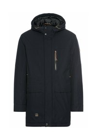 Dunkelblaue Parkajacke mit Kapuze, ausgestattet mit Reißverschluss- und Knopf-Pockets, kontrastierenden Details und einem Logopatch nahe dem Saum.