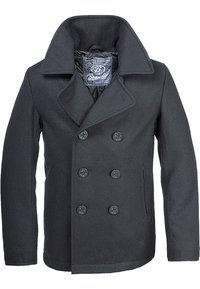 Palton peacoat din lână închisă la culoare, cu un design cu dublu rând de nasturi, nasturi mari negri, guler lat și buzunare laterale, având o textură uniformă.