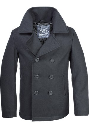 Mørk uld peacoat med dobbeltradet design, store sorte knapper, bred krave og sidelommer med en glat tekstur.