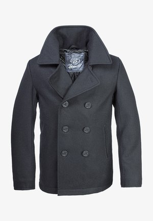 Dark wool peacoat features a double-breasted design, large black buttons, wide collar, and side pockets with a smooth texture.