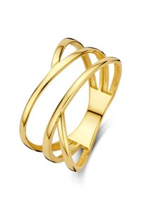 Bague en ton doré avec trois bandes entrelacées, surface lisse et design ouvert mettant en valeur sa forme géométrique et sa finition polie.