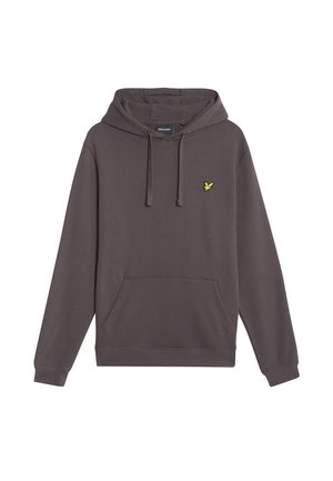 Hættetrøje i mørkegrå bomuldsblandinger med lomme foran, ribbede manchetter og et lille gult logo på venstre bryst.