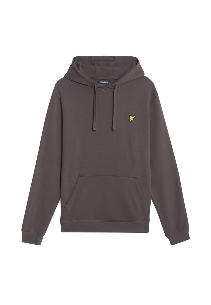 Felpa con cappuccio in misto cotone grigio scuro, con tasca frontale, polsini a costine e un piccolo logo giallo sul lato sinistro del petto.