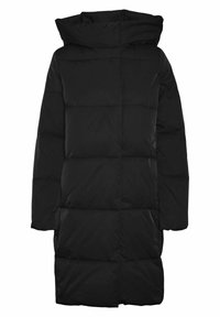 Manteau en duvet noir avec capuche, présentant un design matelassé, des manches longues et un ourlet droit. Fabriqué en matériau lisse et résistant à l'eau.
