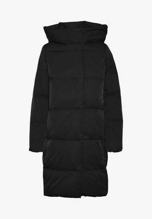 Schwarze Daunenjacke mit Kapuze, überzogen mit einem gesteppten Design, langen Ärmeln und einem geraden Saum. Hergestellt aus glattem, wasserabweisendem Material.