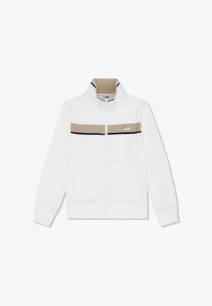 Witte zip-up jas met beige en zwarte horizontale strepen over de borst, hoge kraag en FILA-logo aan de linkerkant.