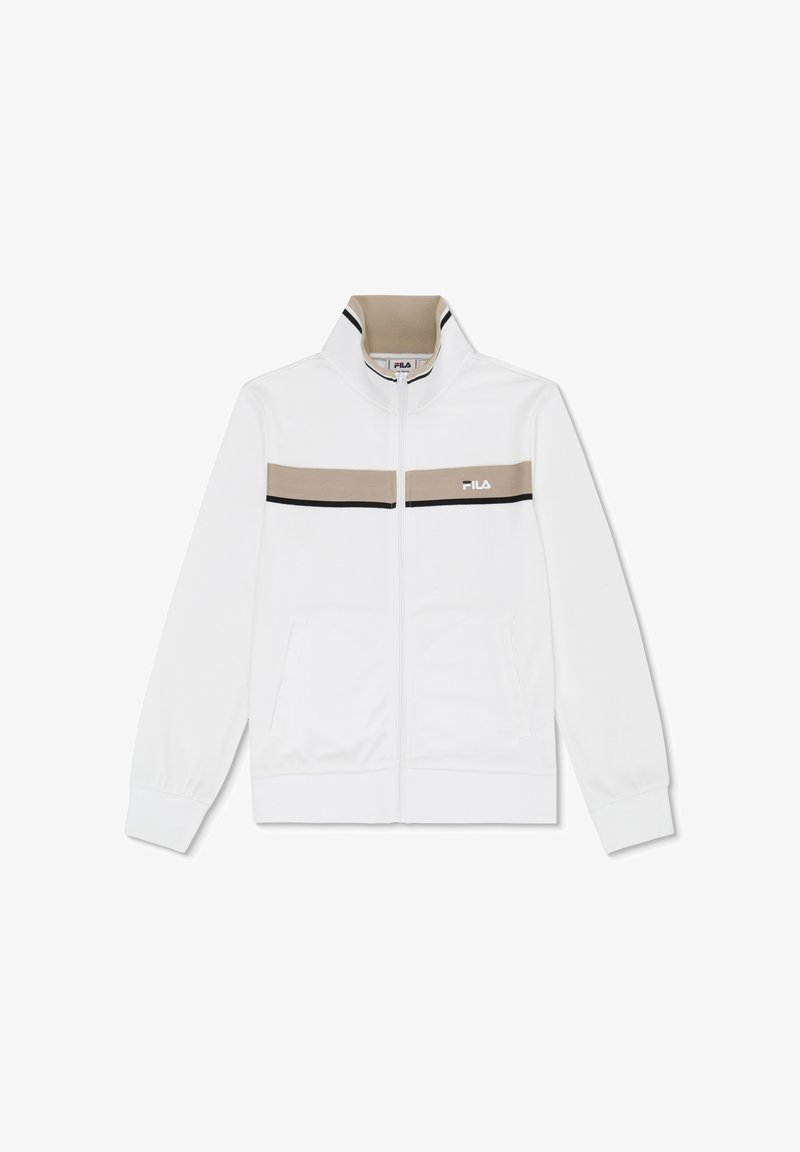Veste blanche zippée avec des rayures horizontales beige et noires sur la poitrine, col montant, et logo FILA sur le côté gauche.