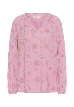 Blouse rose à manches longues avec broderie florale subtile, encolure froncée et découpe en V au col, réalisée en tissu léger texturé.