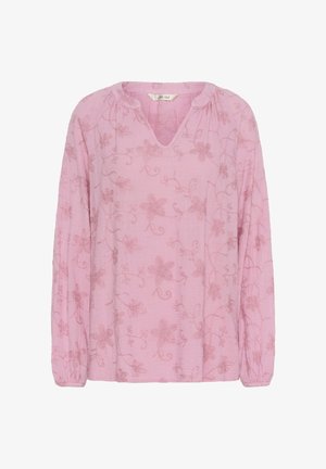 Blouse rose à manches longues avec broderie florale subtile, encolure froncée et découpe en V au col, réalisée en tissu léger texturé.