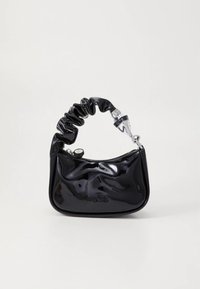 Black patent leather handbag with a curved shape, ruched strap, silver hardware, and a zip closure. Smooth, shiny texture with a minimal design.