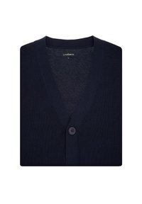 Granatowy kardigan z dekoltem w serek, zapinany na jeden guzik, wykonany z miękkiej dzianiny. Posiada delikatną fakturę oraz metkę wewnątrz z rozmiarem.