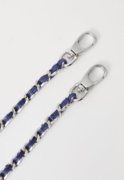 Metal chain strap with purple woven detailing, featuring silver hardware clips at both ends for attachment. Smooth texture throughout.