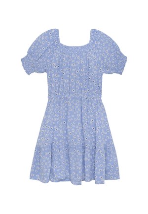 Lyseblå kort kjole med hvidt margueritprint, puffede korte ærmer, smocket halsudskæring og elastisk talje.