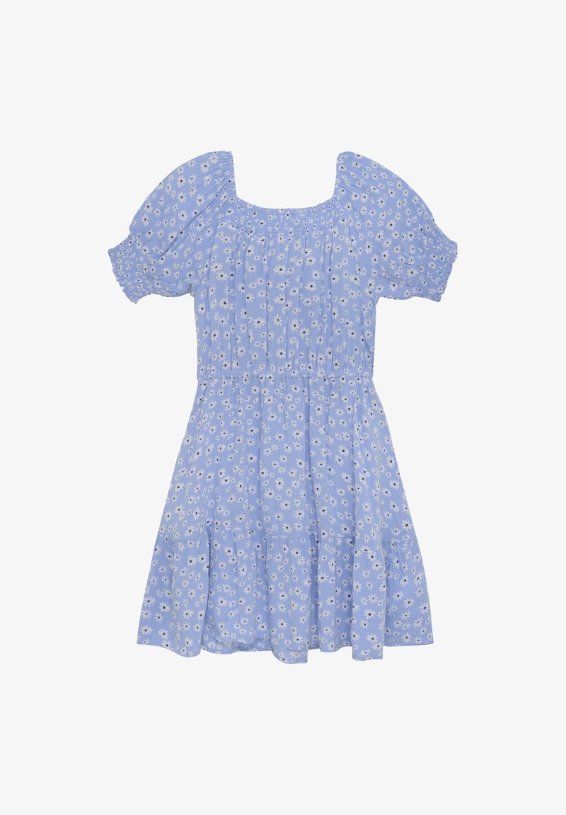 Robe courte bleu clair avec imprimé marguerite blanche, manches courtes bouffantes, encolure smockée et taille élastiquée.