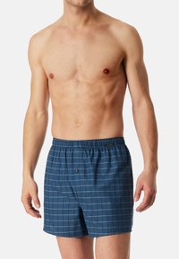 Shorts de bain pour hommes à carreaux bleus avec une taille élastique et un détail de bouton à l'avant. Tissu doux avec une texture légère.