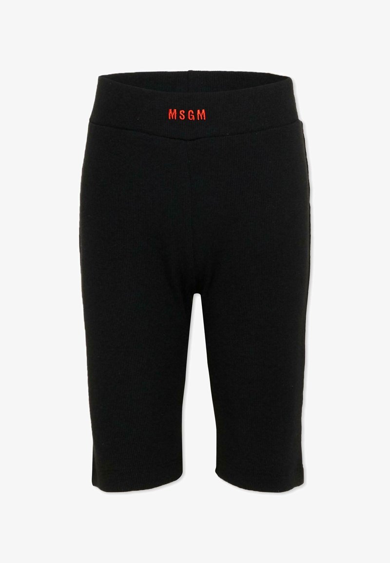 Pantalones cortos negros de punto hasta la rodilla con una cintura alta que presenta el logo rojo de MSGM centrado en la parte delantera.