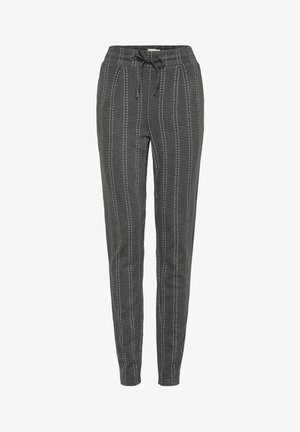 Grijze taps toelopende broek met een drawstring taille, voorzien van witte verticale strepen, een zachte textuur en een gladde afwerking.