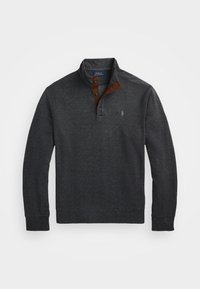 Grauer Fischgrät-Pullover mit einem Halb-Reißverschlusskragen, braunem Akzent am Hals und kleinem Logo auf der Brust. Material aus Baumwollmischung.