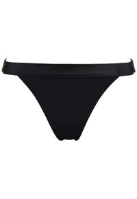 Černé bikini kalhotky s hladkým, lesklým pásem a minimálním zakrytím. Vyrobené z elastického materiálu, s čistými liniemi a bez vzorů.