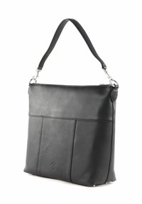 Sac d'épaule en cuir noir à texture lisse, doté d'une fermeture éclair sur le dessus et de deux poches verticales à l'avant. Accessoires en métal argenté.