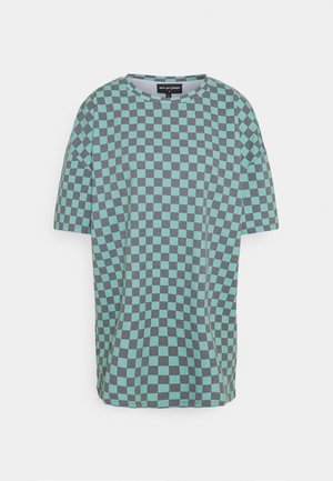 Robe-tunique à manches courtes avec un motif à carreaux bleu et gris et un col rond, présentée sur un fond blanc.