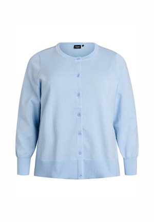 Hellblauer Cardigan aus weichem Strickstoff, mit rundem Ausschnitt, langen Ärmeln und sechs lilafarbenen Knöpfen vorne.