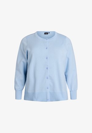 Lichtblauwe cardigan van zachte breistof, met een ronde hals, lange mouwen en zes paarse knopen aan de voorkant.