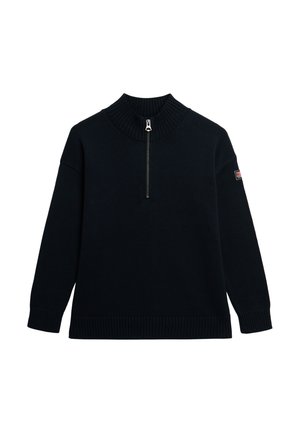 Black knitted pullover with a high ribbed collar and mid-zipper. Features long sleeves and ribbed cuffs and hem for added texture.