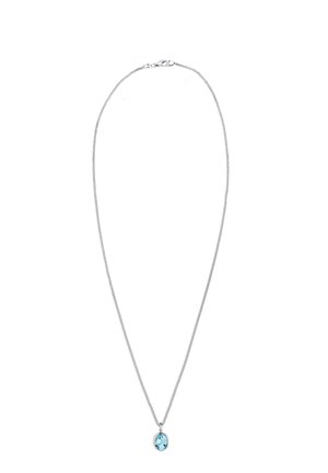 Collana a catena in argento con pendente in pietra aqua circolare, superficie liscia e chiusura a moschettone.