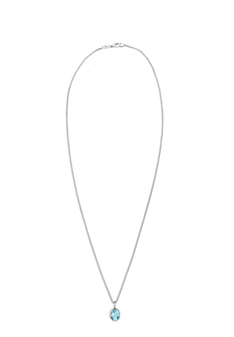 Silberne Kettenhalskette mit einem runden aqua Farbedelstein-Anhänger, glatte Oberfläche und einer Karabinerverschluss.