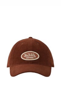 Casquette en velours côtelé marron avec une calotte arrondie, une visière incurvée et un patch ovale avec un texte blanc indiquant "Von Dutch California".