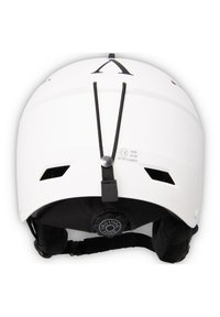 Witte skihlem met verstelbare riem, ventilatiegaten en een zwart plastic aanpassingsdial aan de achterkant. Beschikt over een minimalistisch ontwerp en logo.