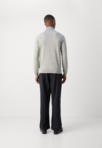 Lysegrå, strikket sweater med krave, kombineret med mørke, stribede bukser og sorte sko, set bagfra mod en hvid baggrund.