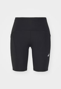 Černé sportovní šortky vyrobené z elastického materiálu, s vysokým pasem a malým bílým logem na levé straně. Ploché švy a středně dlouhý střih.