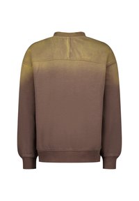 Sudadera de color marrón con un tono amarillento más claro en la parte superior, puños y dobladillo acanalados, cuello redondo y textura suave.