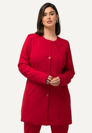 Roter Langarmmantel aus einem weichen Stoff mit rundem Halsausschnitt, Knopfverschluss und zwei Fronttaschen. Glatte Oberfläche und taillierte Passform.