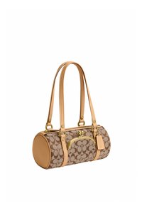 Brown patterned cylindrical handbag with tan leather straps, trim, and a front clasp pocket, shown against a white background.