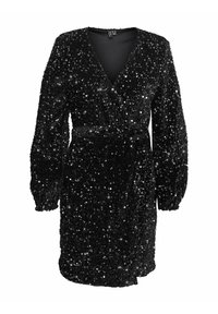Robe noire pailletée avec manches longues, décolleté en V profond et ceinture nouée à la taille. Texture douce, design ajusté.