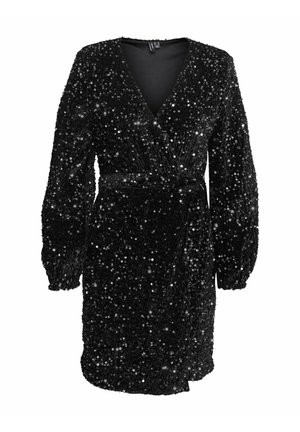 Juoda blizgučiais siuvinėta suknelė su ilgomis rankovėmis, gilia V formos iškirpte ir surišamu juosmens diržu. Minkšta tekstūra, kūną apglėbiantis dizainas.
