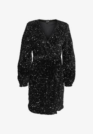 Juoda blizgučiais siuvinėta suknelė su ilgomis rankovėmis, gilia V formos iškirpte ir surišamu juosmens diržu. Minkšta tekstūra, kūną apglėbiantis dizainas.