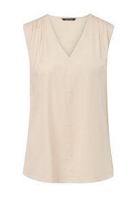 Mouwloze beige top met een V-halslijn, met gathers op de schouders en een gladde, lichte stof.