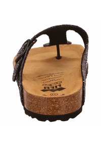 Black slide sandal featuring a cork footbed and textured strap with a buckle. The base is curved, and the insole is beige with printed details.