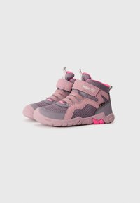 Pink and gray high-top shoes with mesh and synthetic material, featuring hook-and-loop straps, textured surfaces, and flexible soles.