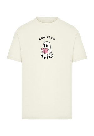 Cream-colored t-shirt made of cotton with short sleeves. Features a cartoon ghost reading a pink book and the text "BOO CREW" above it.
