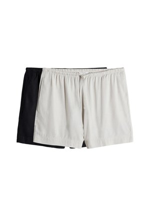 Twee paar shorts met elastische taille, één lichtgrijs aan de voorkant en één zwart gedeeltelijk zichtbaar erachter, op een witte achtergrond.