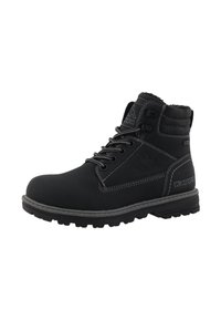 Schwarzer Wanderstiefel aus strukturiertem Leder, mit grauen Nähten, einer Gummisohle mit Profil und verstärkten Ösen für die Schnürsenkel.