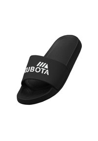 Czarna klapka z teksturowaną wkładką i szerokim paskiem z białym logo "KUBOTA", wykonana z trwałego materiału syntetycznego.