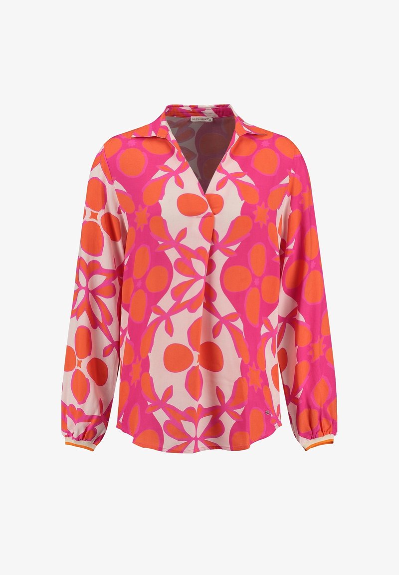 Blouse à manches longues avec un motif floral abstrait rose et orange, col en V et poignets froncés.