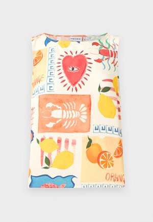 Sleeveless top with colorful prints including a red heart with an eye, lobsters, lemons, oranges, and abstract blue patterns.